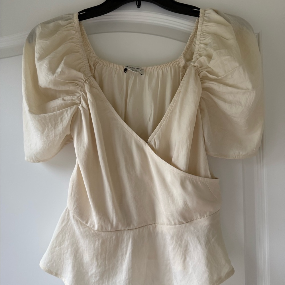 American Eagle Cream Wrap Peplum Top XS